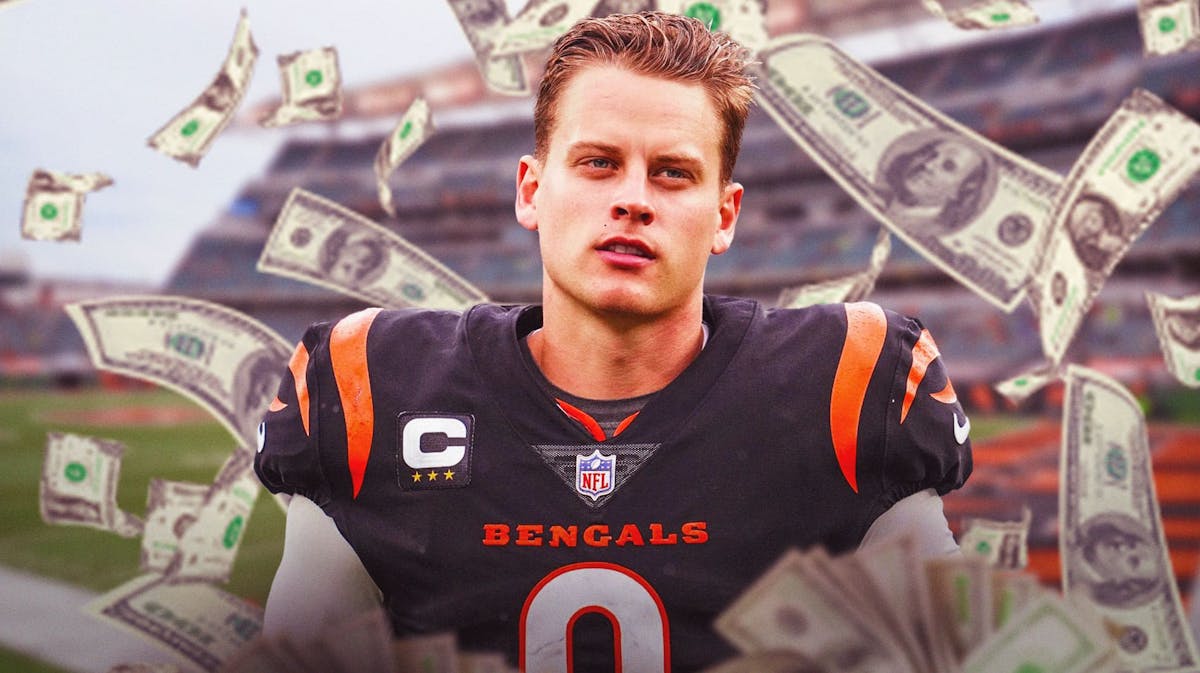Joe Burrow surrounded by piles of cash.