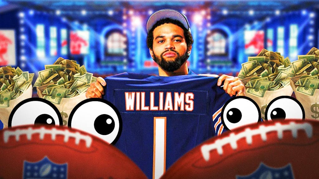 Chicago Bears quarterback Caleb Williams holding up an American football jersey. Several money and eyeball emojis are all around him.