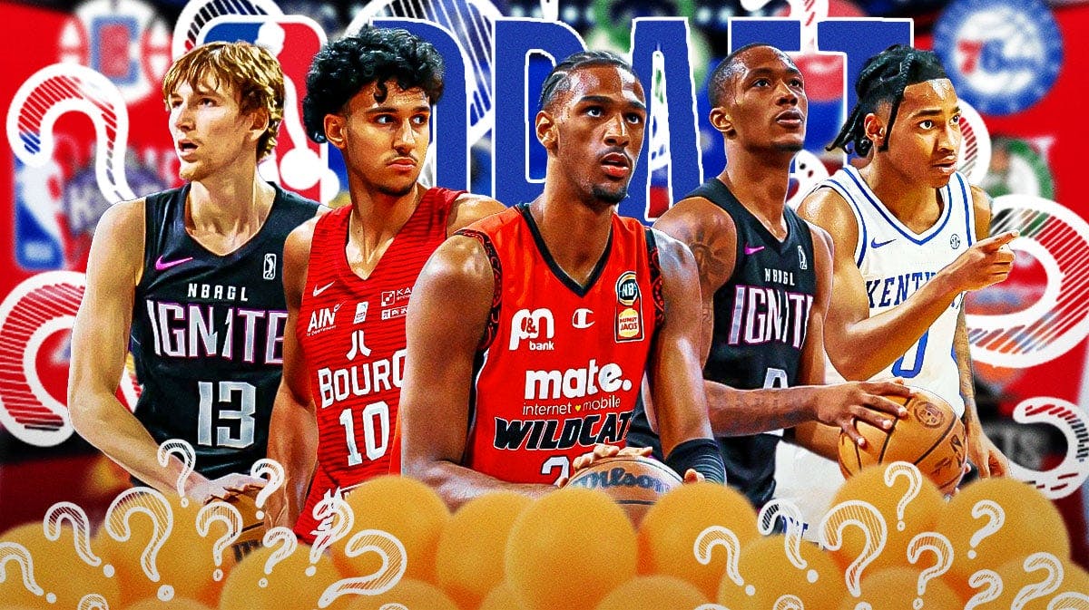 Alexandre Sarr, Zaccharie Risacher, Matas Buzelis, Ron Holland, Rob Dillingham, and Nikola Topic all together with NBA Draft logo in front. Question marks, ping-pong balls, all around the graphic. The background of the graphic is the logos for Pistons, Wizards, Hornets, Blazers, Spurs, Raptors, Nets, Rockets, Grizzlies, Jazz, Hawks, Bulls, Kings, Warriors.