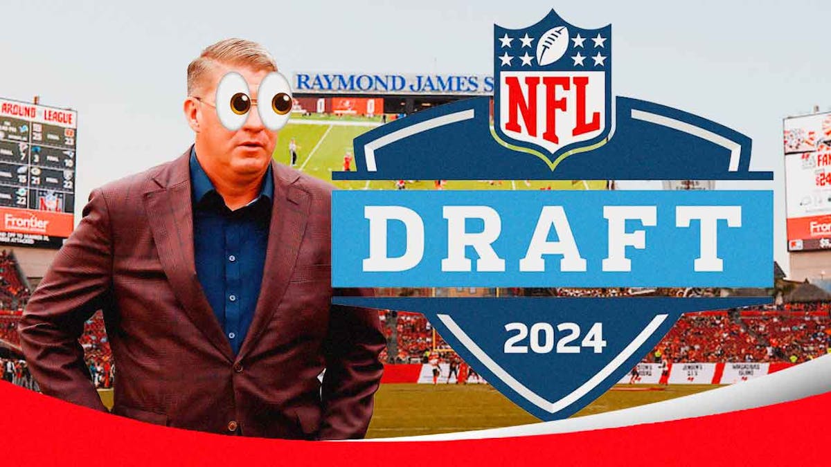 Buccaneers Jason Licht with emojis in his eyes looking at the 2024 NFL Draft logo