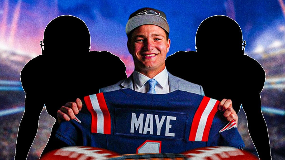 Drake Maye holding a Patriots jersey with two player silhouettes behind him