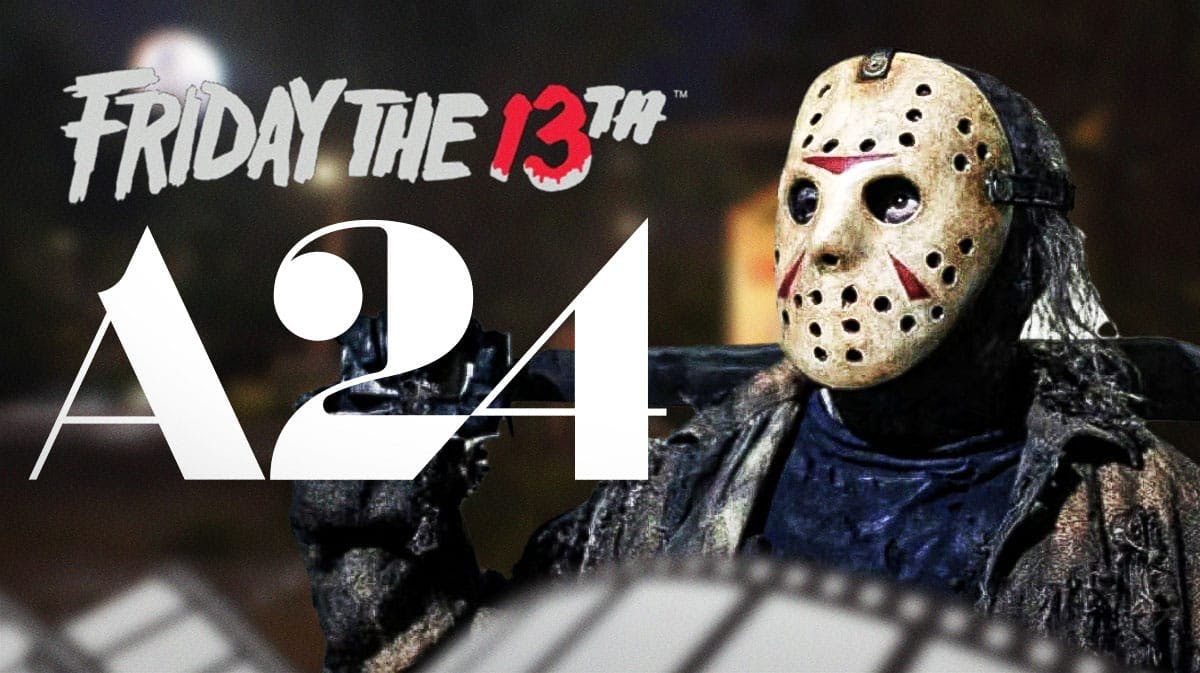 A24 and Friday the 13th logos with Jason Voorhees and Camp Crystal Lake background.