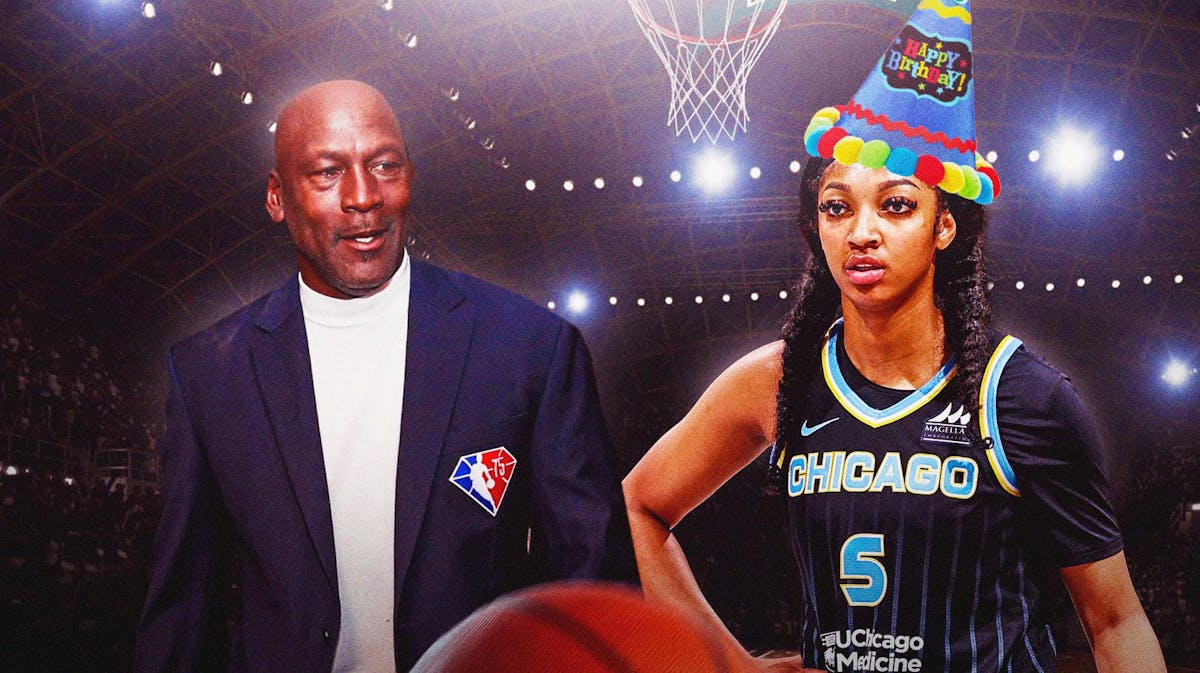Chicago Sky player Angel Reese, with a birthday hat on, and former NBA Chicago Bulls player Michael Jordan