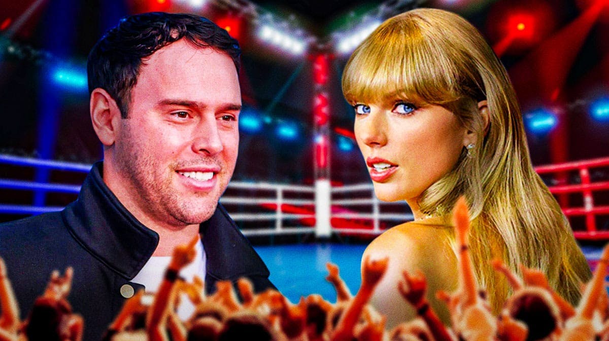 Scooter Braun and Taylor Swift facing off against each other in a boxing ring