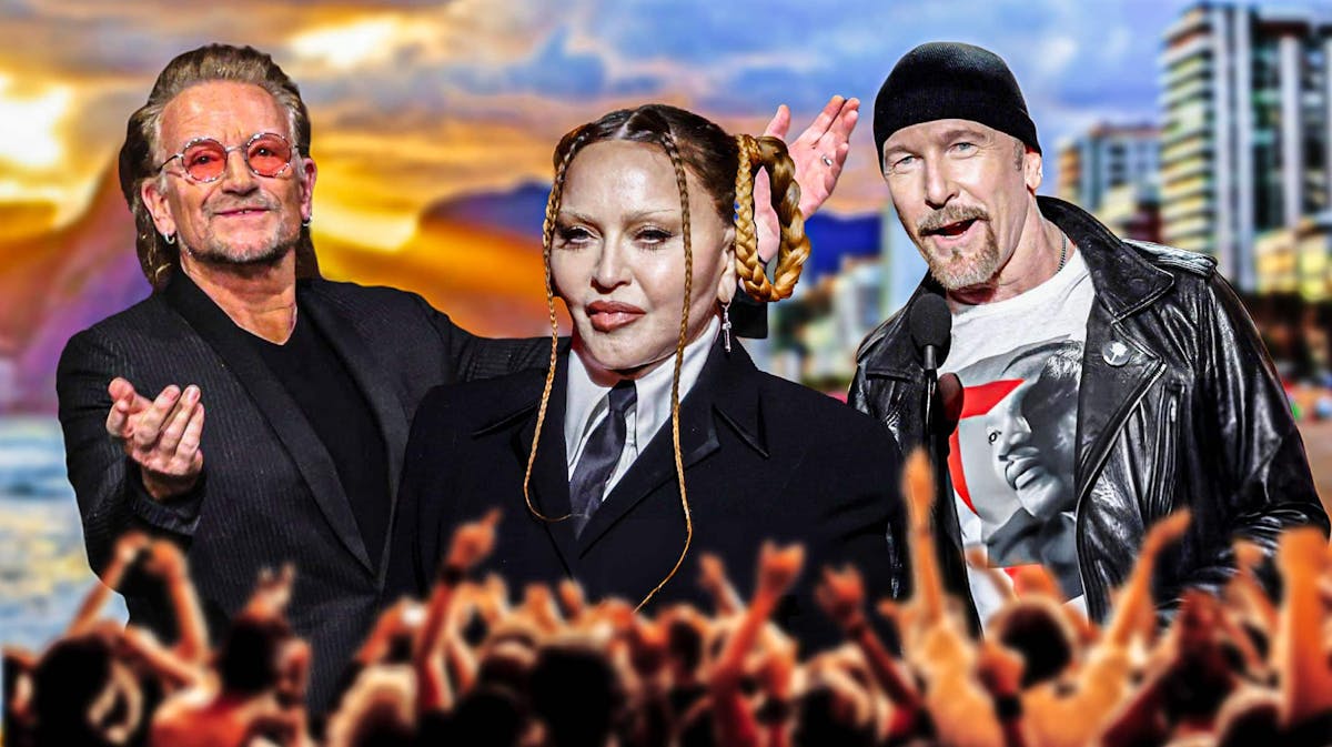 U2 Bono and The Edge with Madonna and Copacabana Beach in Brazil.