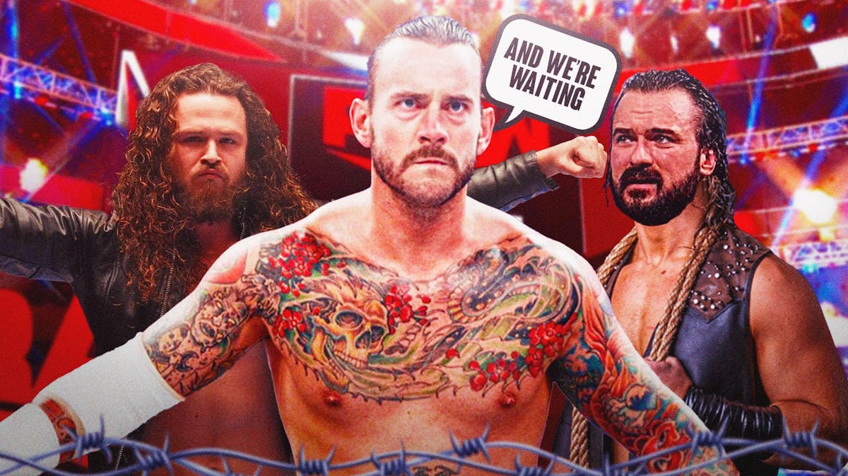 CM Punk with a text bubble reading "And we’re waiting" with 2024 Jack Perry on his left and Drew McIntyre's head on "Hangman" Adam Page's body on the right with the RAW logo as the background.