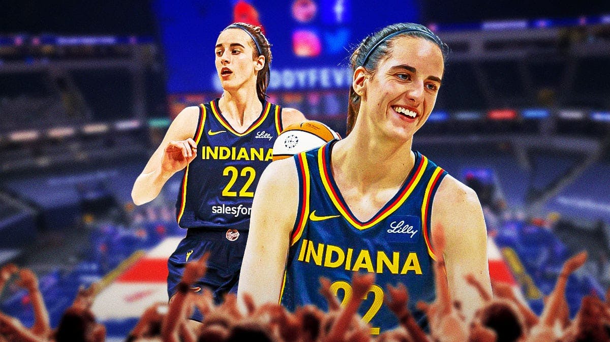Photo: Caitlin Clark smiling in action in Indiana Fever jersey