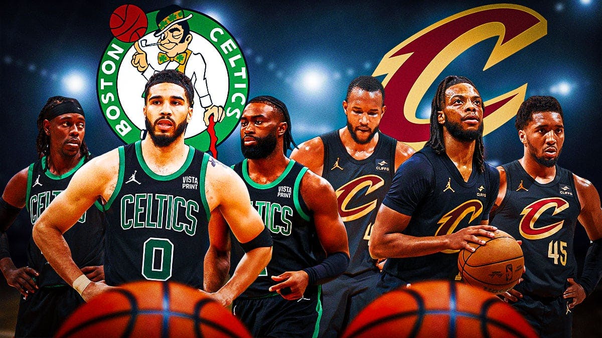 Jayson Tatum, Jaylen Brown, Jrue Holiday, Celtics logo on one side. On other side is Darius Garland, Evan Mobley, Donovan Mitchell, Cavaliers logo.