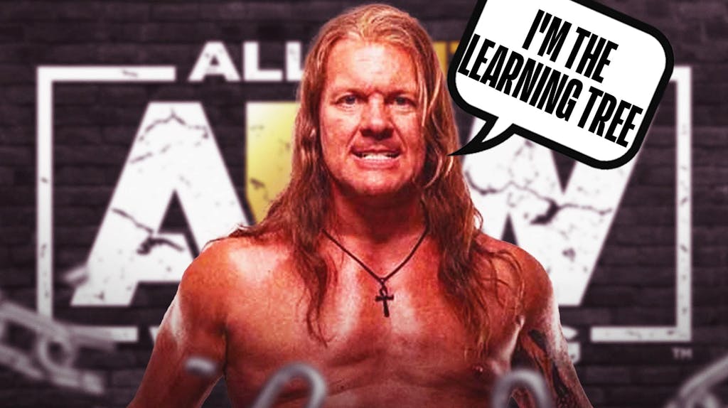 Chris Jericho with a text bubble reading "I'm the Learning Tree!" with the AEW logo as the background.