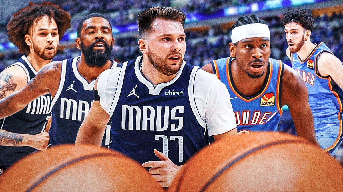 Mavericks Luka Doncic, Kyrie Irving, and Dereck Lively II on one side with Thunder players Shai Gilgeous-Alexander and Chet Holmgren on the other side