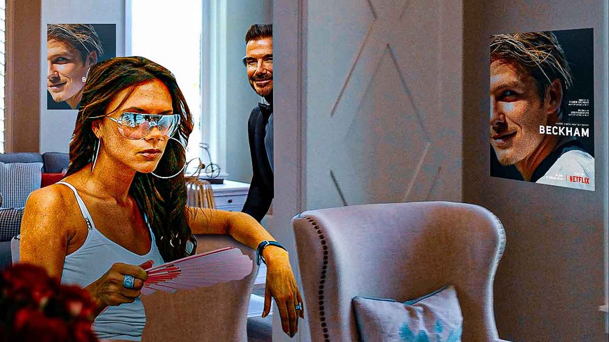 Victoria Beckham sitting on a couch, David Beckham behind a door, Beckham Netflix docuseries poster