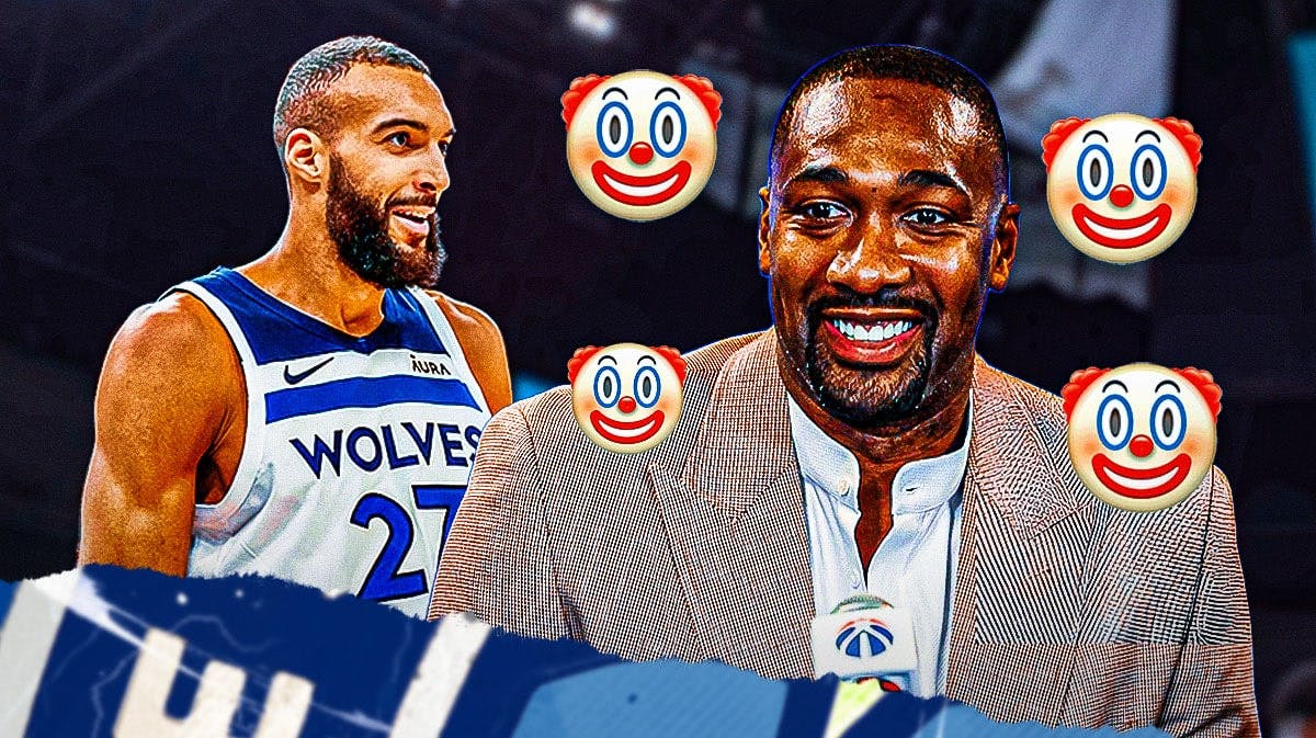 Gilbert Arenas (current) with clown emojis all over, with Timberwolves' Rudy Gobert laughing at Arenas