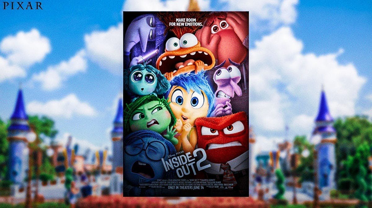 Inside Out 2 poster with Pixar logo and Disney Castle background.