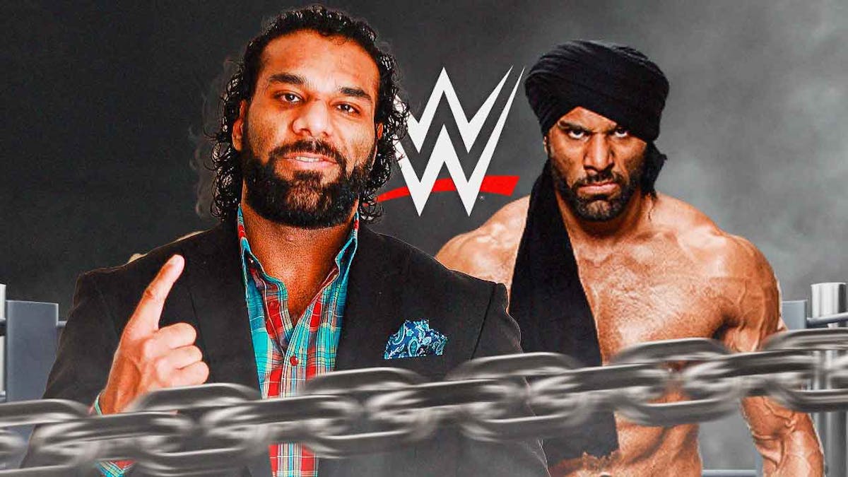 Jinder Mahal in street clothes next to Jinder Mahal wearing his WWE gear with the WWE logo as the background.