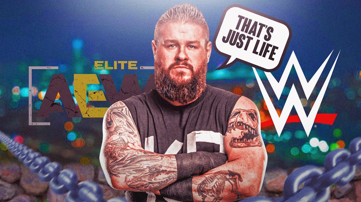 Kevin Owens with a text bubble reading "That’s just life" with the AEW and WWE logos as the background.