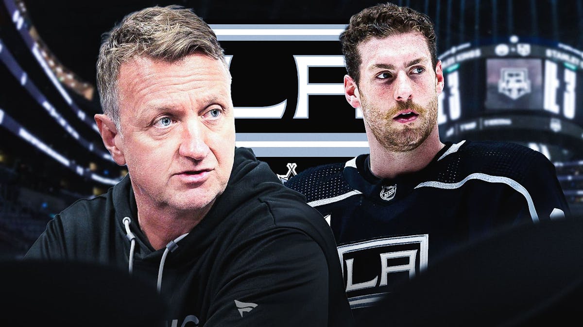 Pierre-Luc Dubois in image looking stern, Rob Blake in image looking stern, LA Kings logo, hockey rink in background