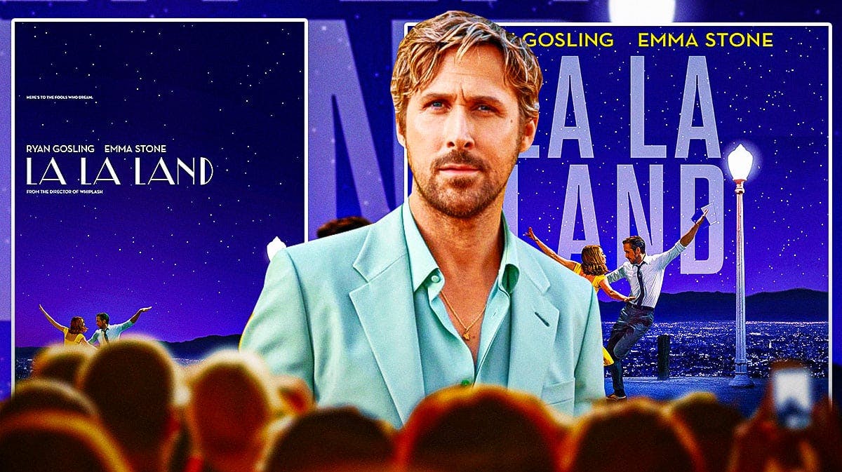 Ryan Gosling with La La Land posters.