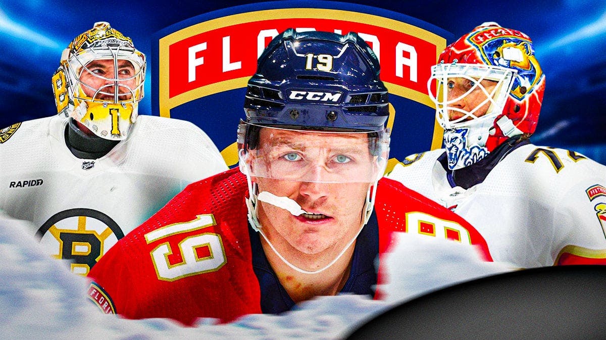 Matthew Tkachuk in middle of image looking stern, Jeremy Swayman and Sergei Bobrovsky on either side, FLA Panthers logo, hockey rink in background