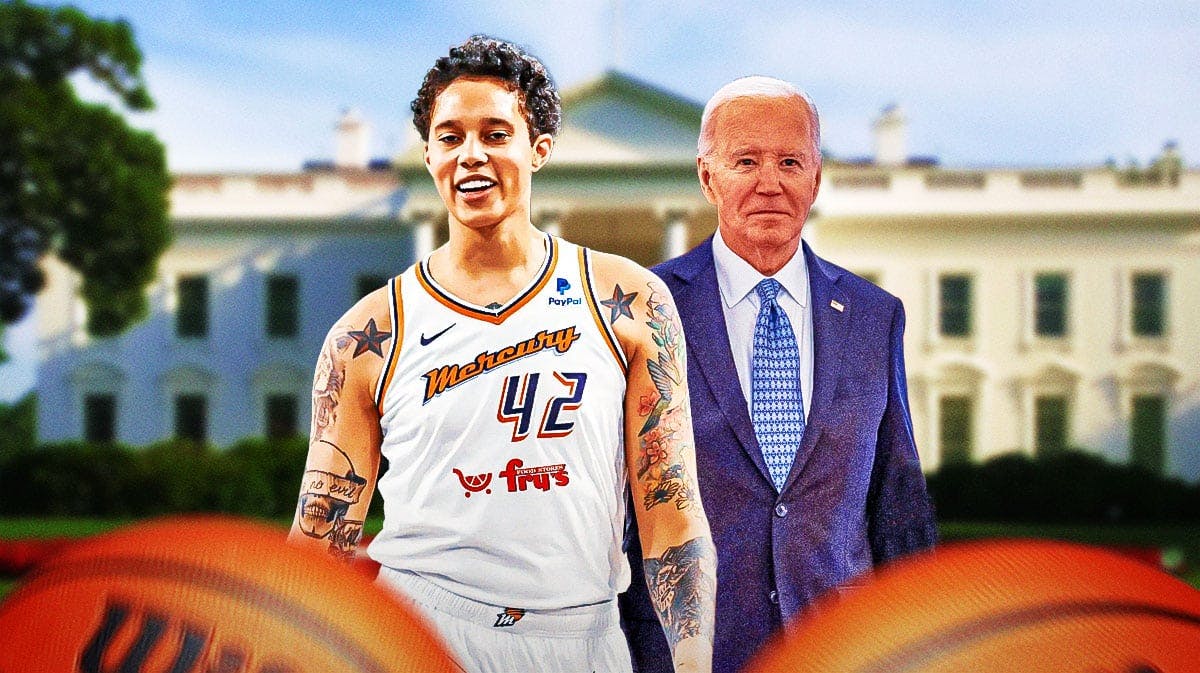 Phoenix Mercury player Brittney Griner and US President Joe Biden, with the White House in the background