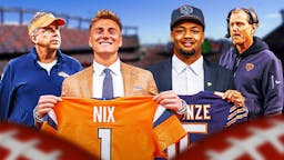 Denver Broncos rookie Bo Nix and head coach Sean Payton with Chicago Bears rookie Rome Odunze and head coach Matt Eberflus