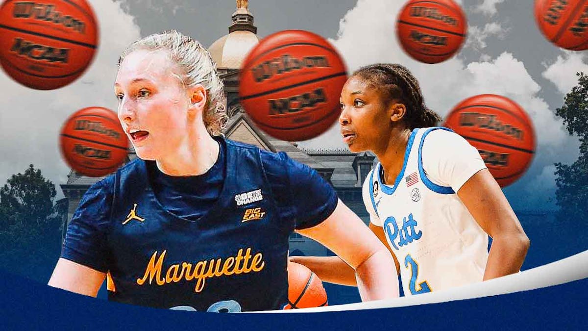 Marquette women's basketball player Liza Karlen and Pittsburgh women's basketball player Liatu King, with the University of Notre Dame in the background, and a bunch of basketballs