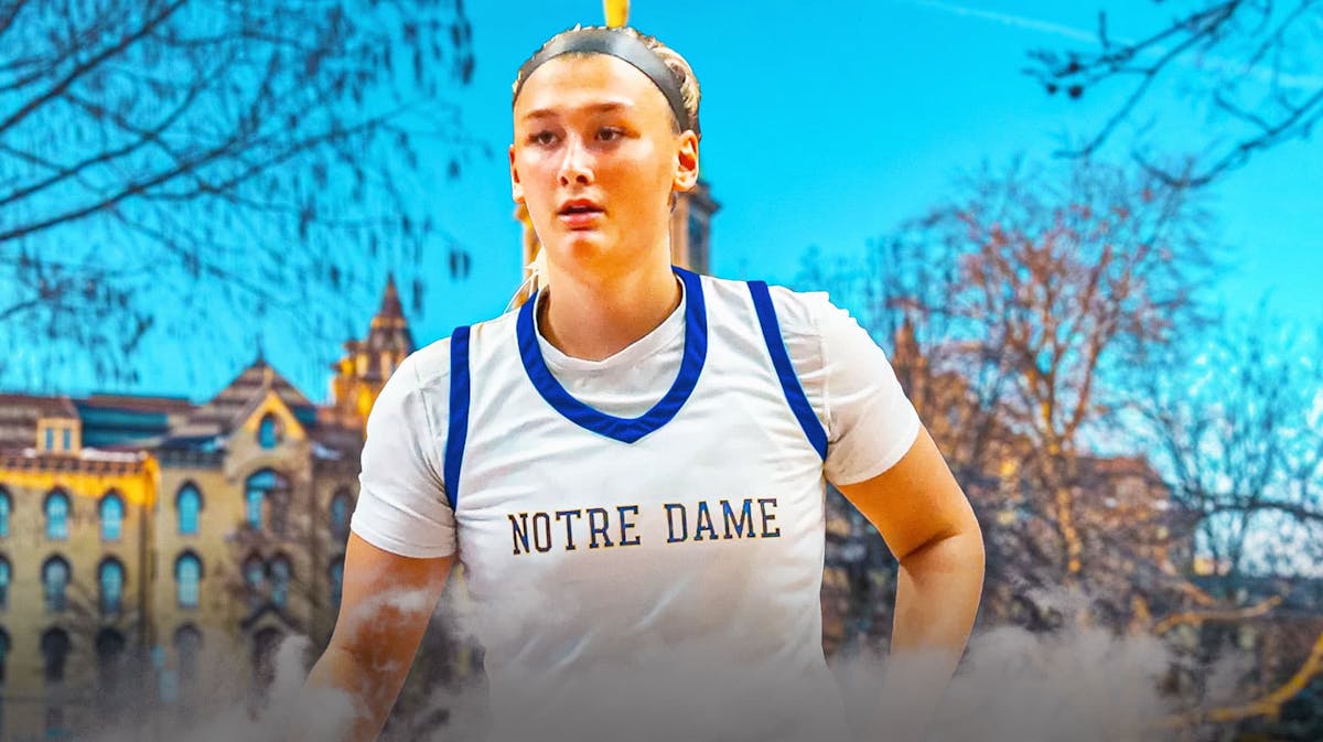 Notre Dame women's basketball commit Leah Macy (see link) in a Notre Dame jersey, with the University of Notre Dame as the background