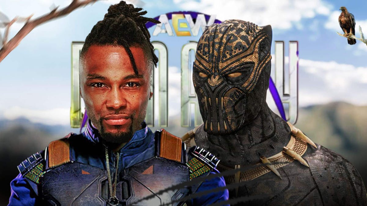 Swerve Strickland's head on Killmonger from Black Panther's body next to Killmonger from Black Panther with the AEW Dynasty logo as the background.