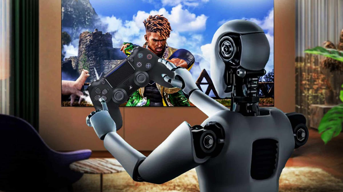 A Tekken 8 bot holding a controller playing as Eddy