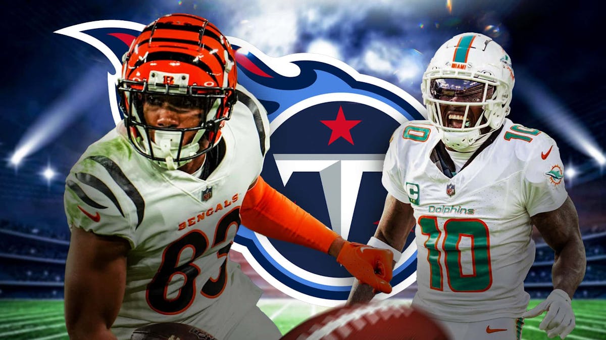 Bengals' Tyler Boyd stands next to Dolphins' Tyreek Hill, Titans logo in middle