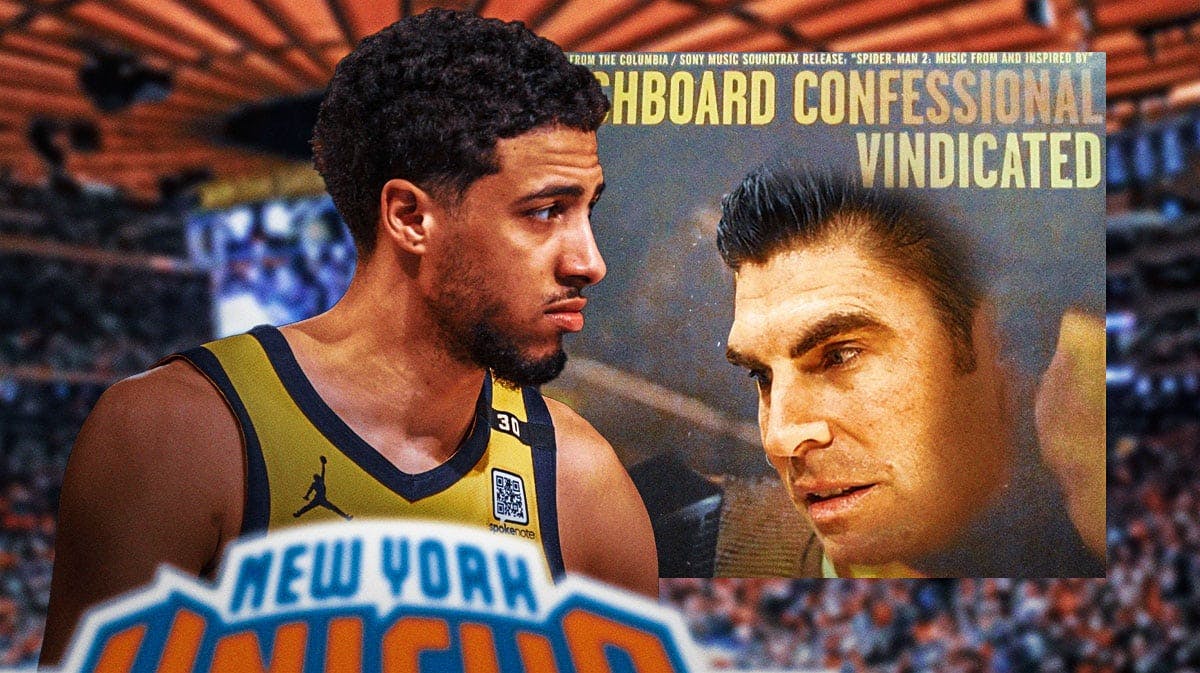Wally Szczerbiak as the man in the Dashboard Confessional "Vindicated" Album art with Pacers' Tyrese Haliburton looking on, sad