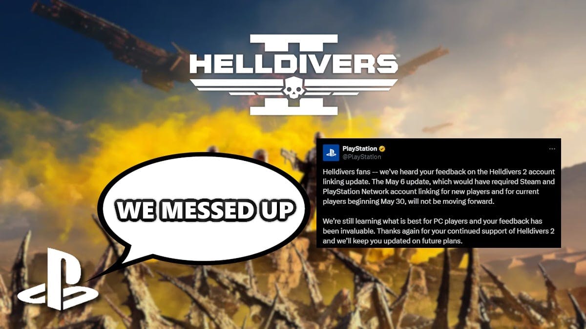helldivers 2 psn, helldivers 2 playstation, helldivers 2 backlash, helldivers 2, key art for helldivers 2 with the playstation logo in one corner and a speech bubble saying we messed up as well as a screenshot of the playstation post on x