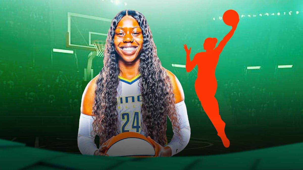 Wings' Arike Ogunbowale smiling on left. On right, place the WNBA's 2024 logo.