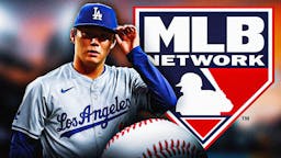 Los Angles Dodgers pitcher Yoshinobu Yamamoto next to MLB Network logo