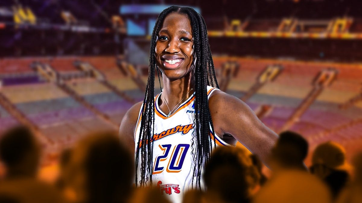 Liz Dixon in a Phoenix Mercury jersey with the Mercury arena in the background, roster