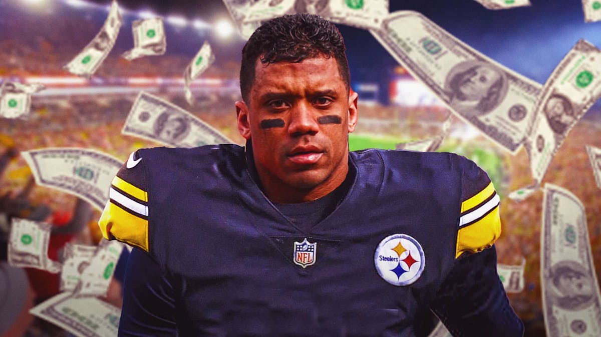 Russell Wilson surrounded by piles of cash.