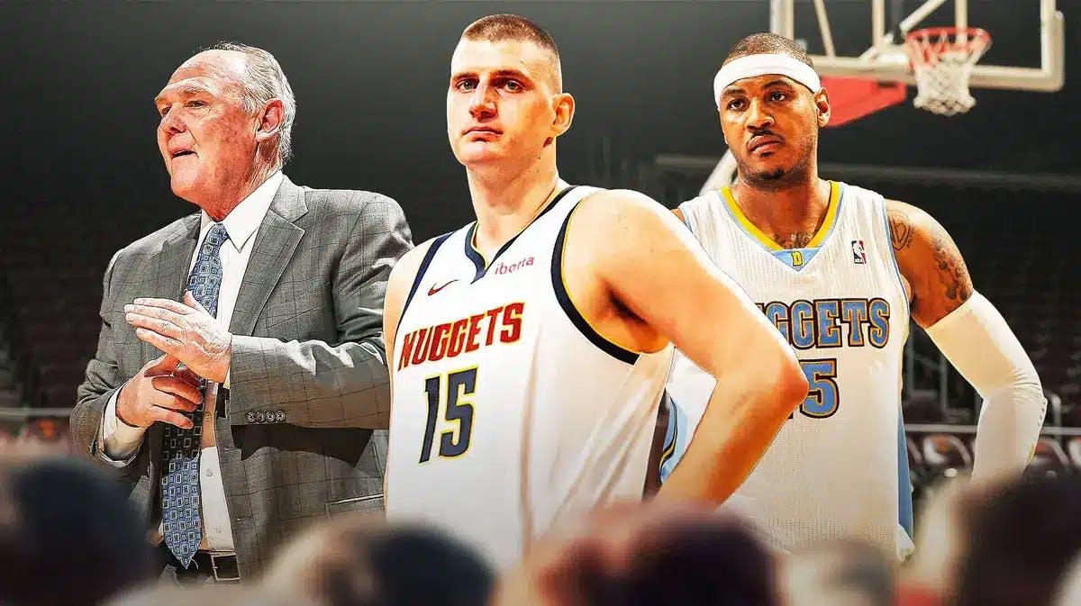 Nuggets NBA Draft pick Nikola Jokic with George Karl and Carmelo Anthony