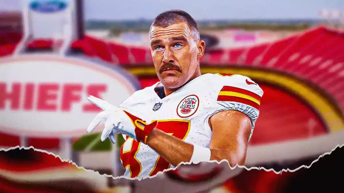 Travis Kelce and a football background with Chiefs logo