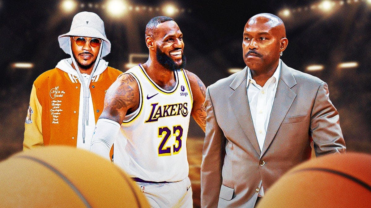 Tim Hardaway Sr., LeBron James, Carmelo Anthony, Bronny James, Kiyan Anthony, Tim Hardaway Sr., LeBron James and Carmelo Anthony with any basketball court/arena in the background