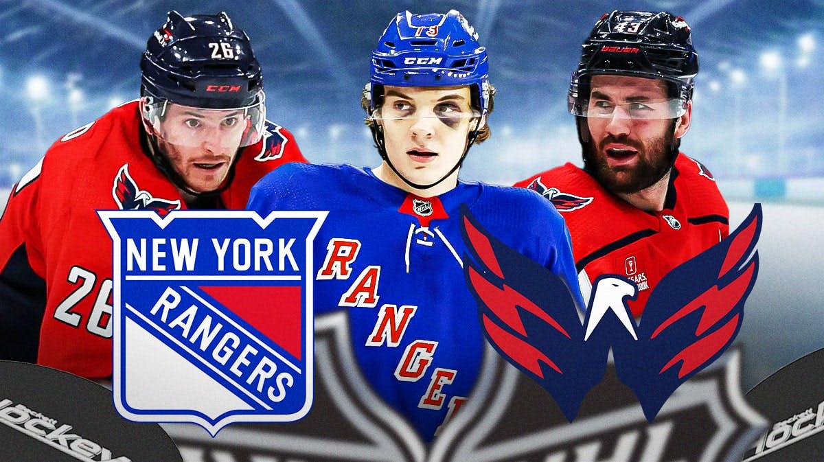 Matt Rempe in middle looking stern, Tom Wilson and Nic Dowd on either side, New York Rangers and Washington Capitals logos, hockey rink in background