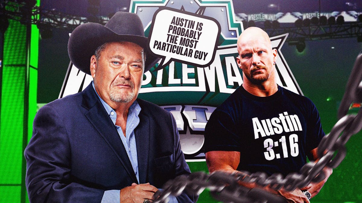 Jim Ross with a text bubble reading "Austin is probably the most particular guy" next to "Stone Cold" Steve Austin with the WrestleMania 40 logo as the background.
