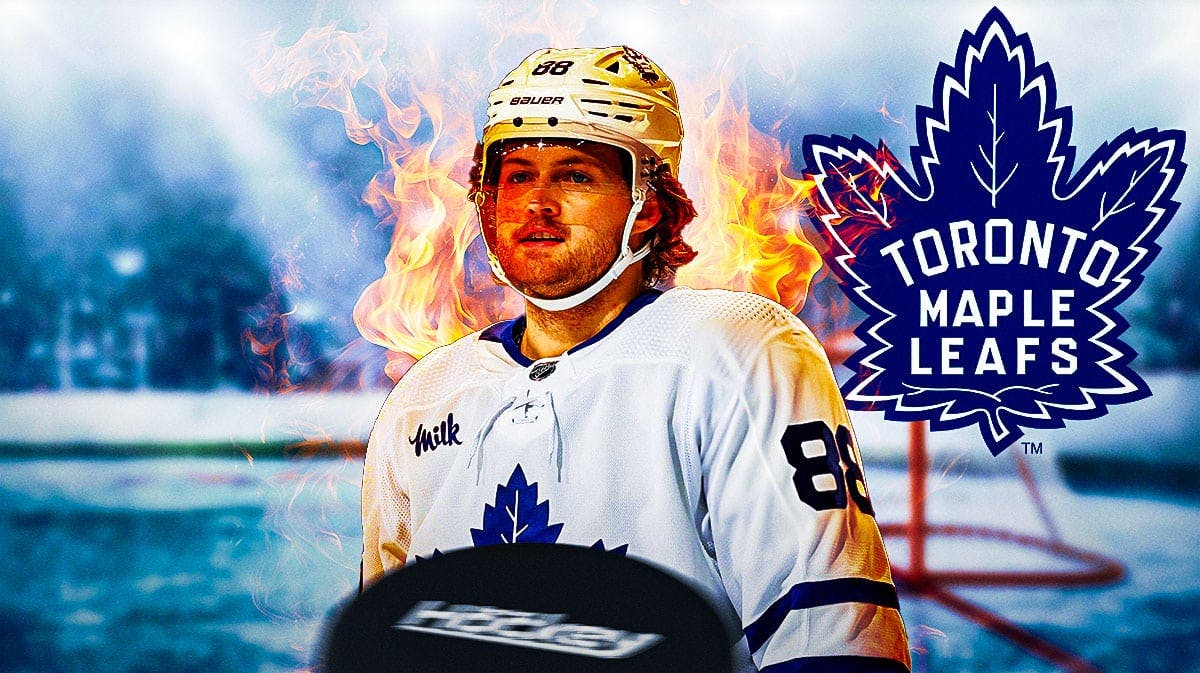 William Nylander in middle of image looking happy with fire around him, hockey rink in background, Toronto Maple Leafs logo