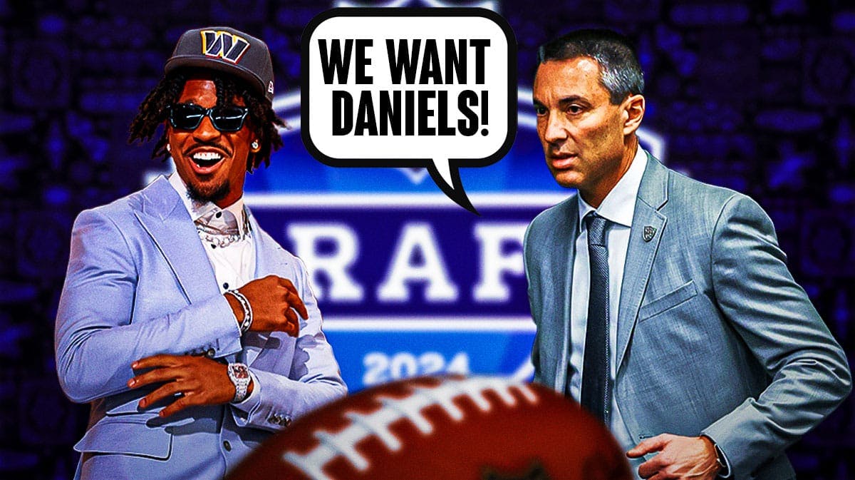 Tom Telesco on one side with a speech bubble that says "We want Daniels!" Jayden Daniels on the other side with the big eyes emoji over his face