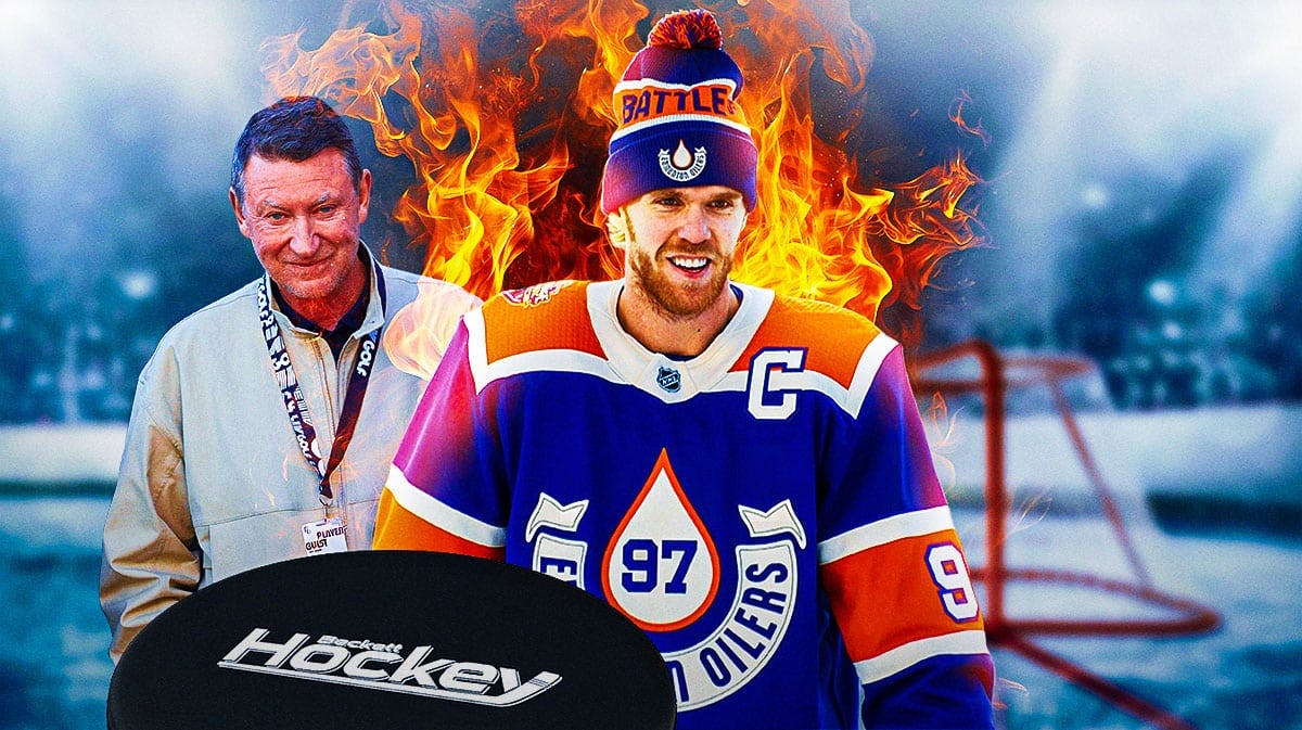 Connor McDavid in image looking happy with fire around him, Wayne Gretzky looking impressed, Edmonton Oilers logo, hockey rink in background