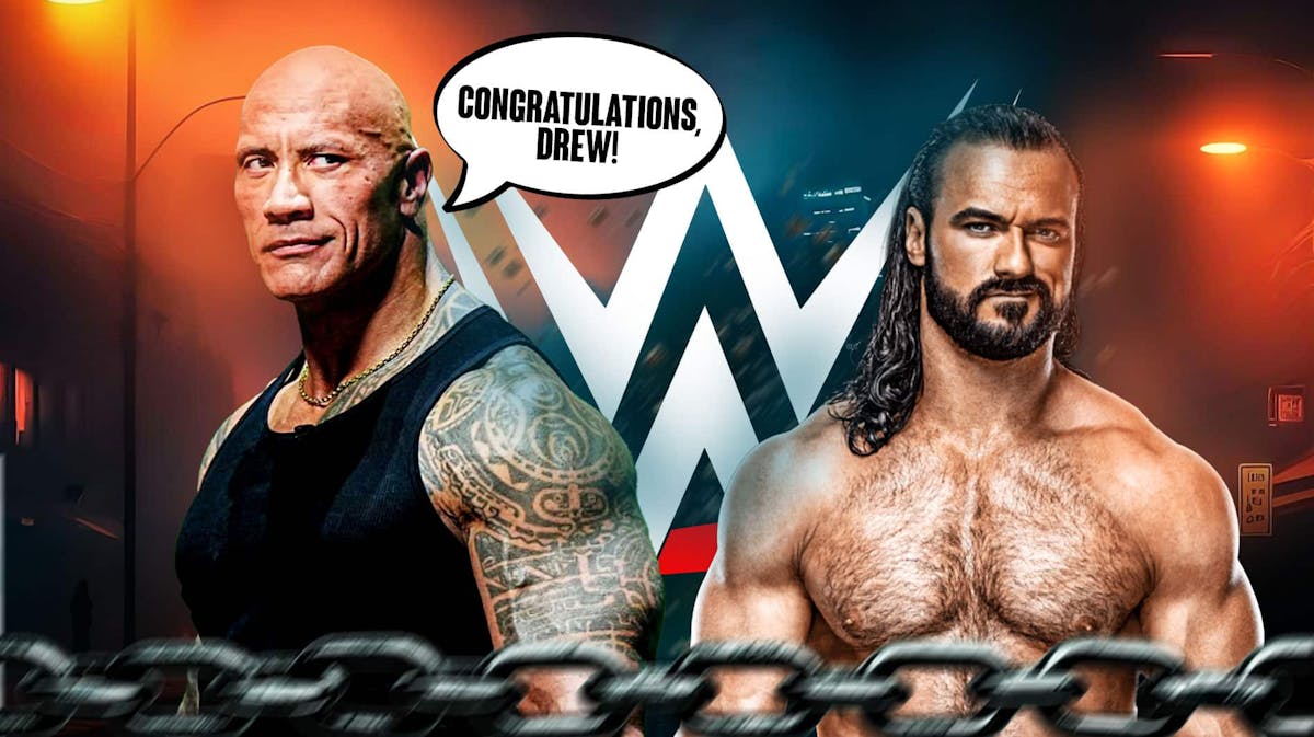 The Rock with a text bubble reading "Congratulations, Drew!" next to Drew McIntyre with the WWE logo as the background.