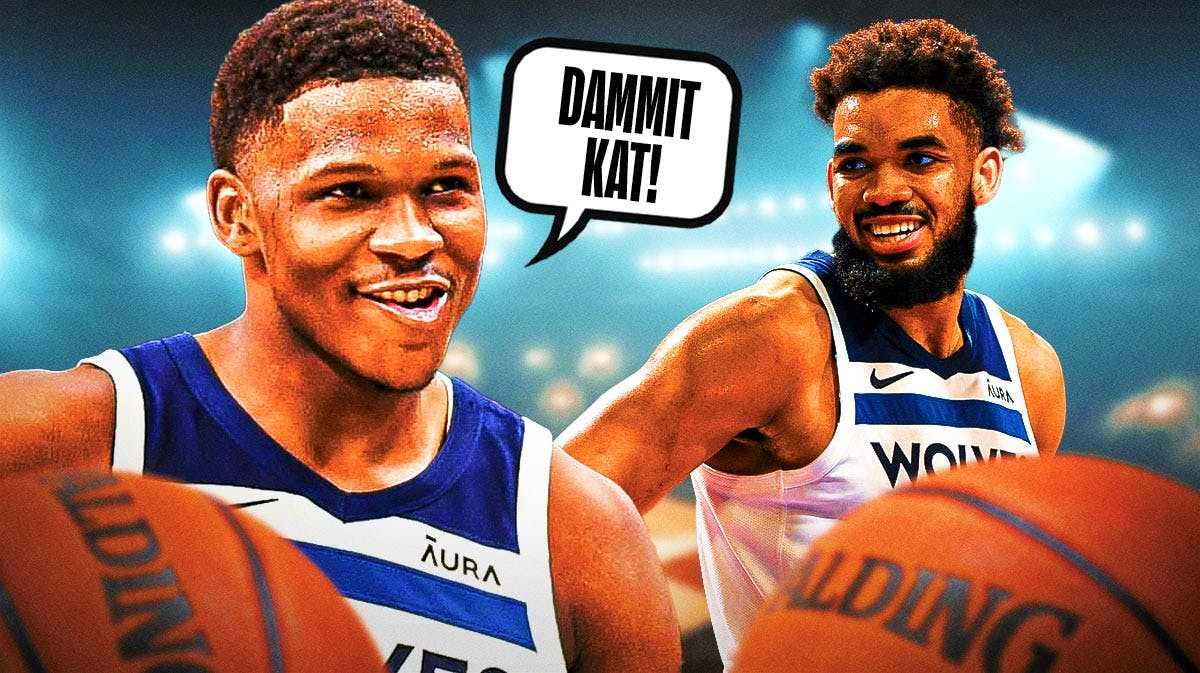 Photo: Anthony Edwards laughing saying "Dammit KAT!", beside Karl-Anthony Towns, both of them in Timberwolves jerseys