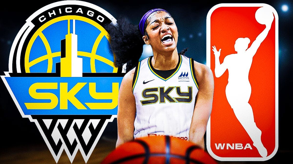 Sky's Angel Reese flexes next to WNBA logo before 2024 season, Kamilla Cardoso in background