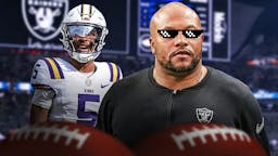 Antonio Pierce (Raiders) head coach with deal with it shades and Jayden Daniels (LSU quarterback)