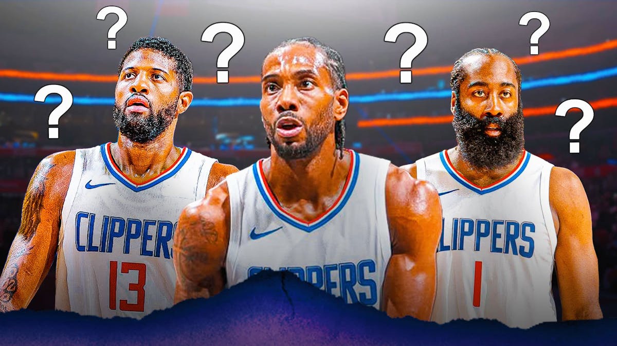 LA Clippers players James Harden, Kawhi Leonard, Paul George in a triad in the center, with question marks on either side.