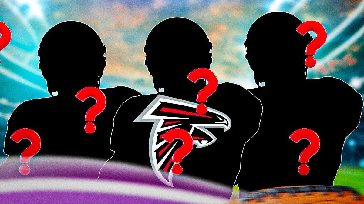 Three silhouettes of football players with Falcons logo