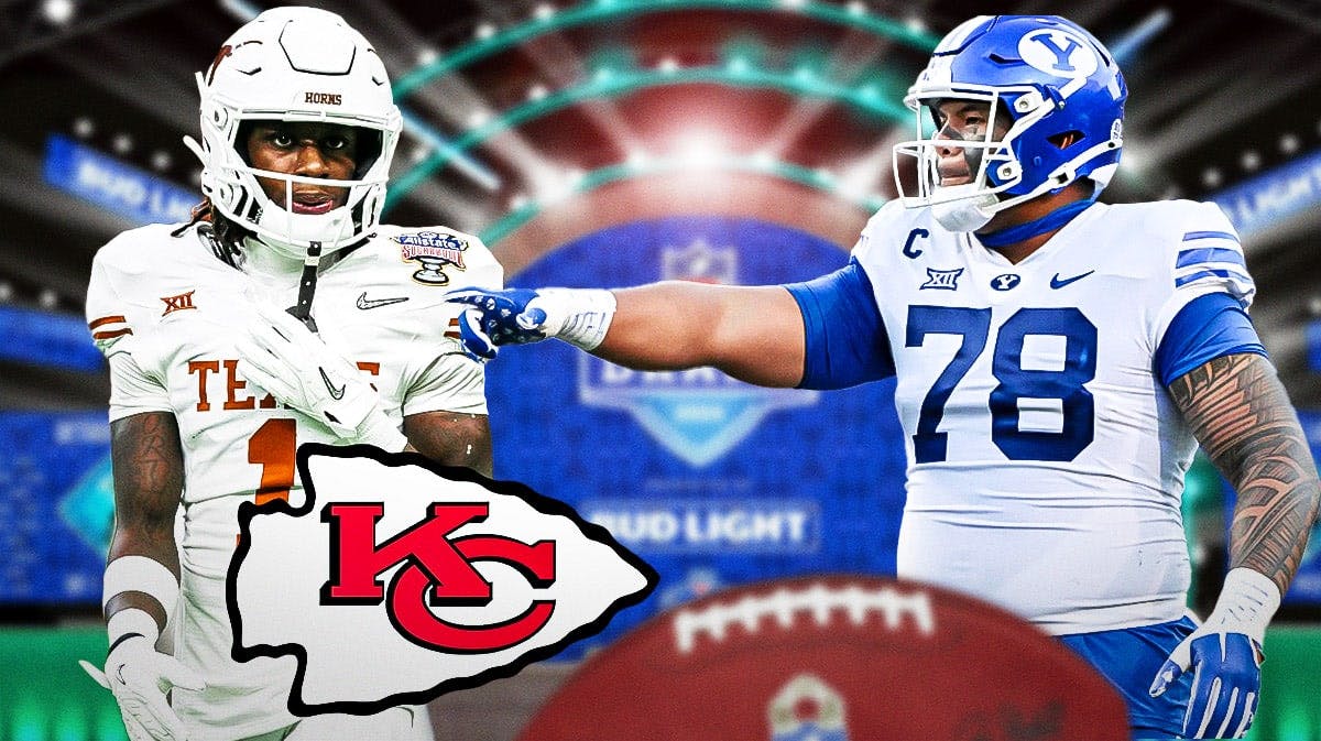 Chiefs logo with Xavier Worthy on one side and Kingsley Suamataia on the other with a 2024 NFL Draft background.